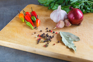 Spices Garlic Pepper Parsley Wooden Board Ingredients