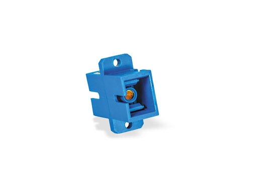Optical adapter vertical arrangement SC-UPC for single mode fiber optic connector with flange isolated on white background