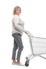 full-length. casual adult woman with shopping cart.