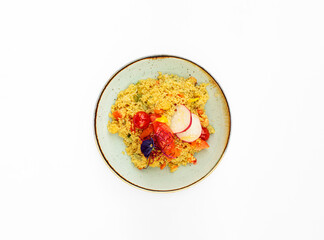 vegetarian dish prepared on white background