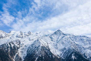 The close-up on the Mont Blanc massif in Europe, in France, in the Alps, towards Chamonix, in spring, on a sunny day.