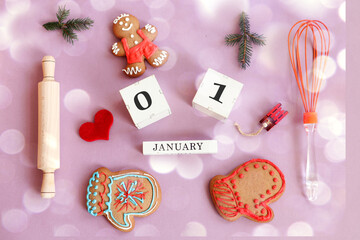 Calendar for January 1: the name of the month in English, cubes with numbers 0 and 1, gingerbread men, mittens, spruce branches, toy sledges, kitchen utensils, red heart on a pastel background