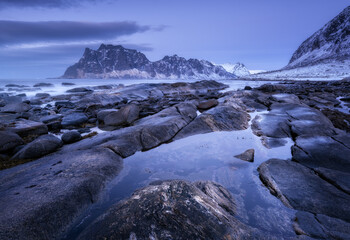 Rocky beach in winter. Seashore with stones, blurred water, snowy mountains and violet sky with clouds at dusk. Uttakleiv beach in Lofoten islands, Norway. Landscape with sea, rocks at night. Nature