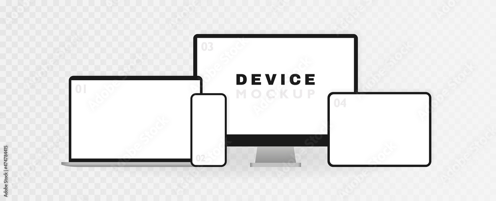 Poster electronic devices mockup set isolated on transparent background. realistic computer, laptop, tablet