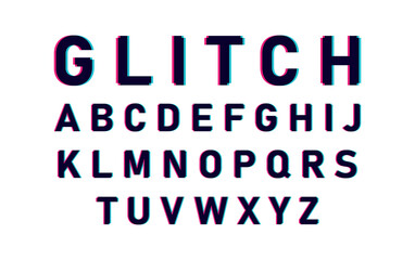 Distorted glitch font typeface letters and numbers. Glitch font with distortion stereoscopic effect. Modern trendy style lettering typeface. Vector illustration