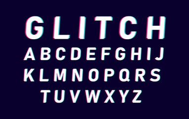 Distorted glitch font typeface letters and numbers. Glitch font with distortion stereoscopic effect. Modern trendy style lettering typeface. Vector illustration