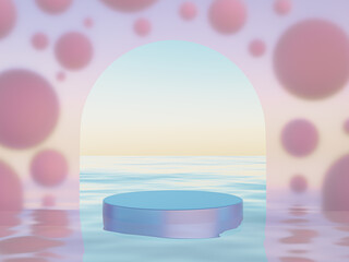 Metaverse concept. Matte glass arc wall with floating bubbles and ocean with podium for product. Crypto art, virtual space for vr. 