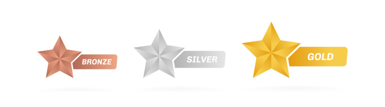 Gold silver and bronze star label. Customer product rating review. Modern vector illustration
