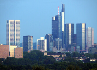 Obraz premium View From The Taunus Hills To The Skyline Of The Banker's City Frankfurt Am Main In Hesse Germany On A Beautiful Spring Day With A Clear Blue Sky
