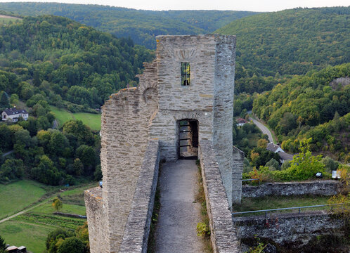 Ruin Of The Old Fort Burg Hohenstein With The Taunus Mountains In The Background Near Bad Schwalbach Hesse Germany On A Beautiful Autumn Day