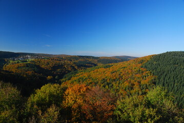 View From Fort Reifenberg To The Autumn Colors in Taunus Mountains Hesse Germany On A Beautiful Autumn Day With A Clear Blue Sky