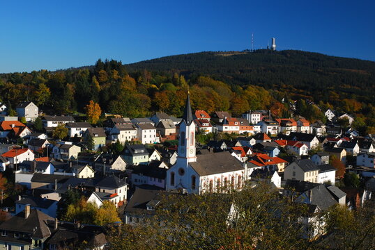 View From Fort Reifenberg To Schmitten Oberreifenberg And The Feldberg Mountain In Taunus Mountains Hesse Germany On A Beautiful Autumn Day With A Clear Blue Sky
