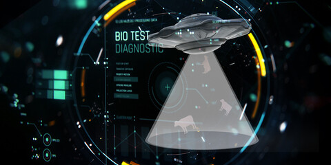 3d illustration. Bio test diagnostic. UFO steals cows.
