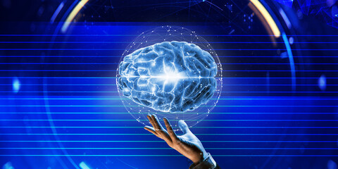3d illustration. Hand touches digital brain. Science. Lines on the background.