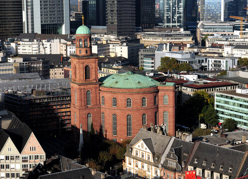 Aerial View To The Famous Cathedral Paulskirche In Frankfurt Am Main Hesse Germany On A Beautiful Autumn Day