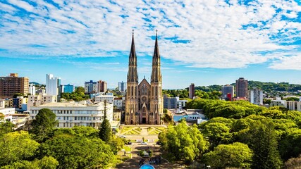 Santa Cruz do Sul RS. Aerial view of the São João Batista cathedral and the central square of...