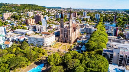 Santa Cruz do Sul RS. Aerial view of the São João Batista cathedral and the central square of...