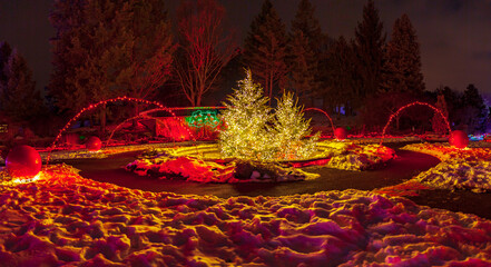 Winter night panorama with white and red Christmas lights