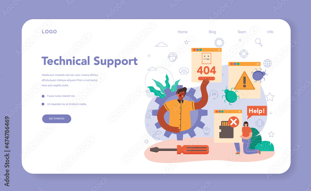 Poster technical support web banner or landing page. consultant help