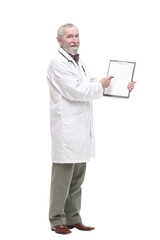 elderly competent doctor with clipboard. isolated on a white