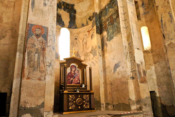 Old frescoes and an altar adorn the interior of the Church of the Holy Cross (Cathedral of the Holy Cross) (Akdamar Kilisesi) on Akdamar Island in Lake Van, Eastern Anatolia, Turkey.