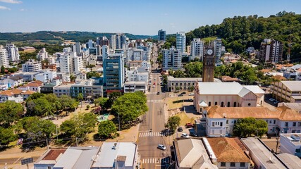 Marau RS. Aerial view of the parish church, central square and city center of Marau, state of Rio Grande do Sul