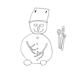 Vector outline of a snowman. Christmas prints. Christmas mood. Winter. Isolated. Coloring pages for children and adults. Cartoon. Freehand drawing.