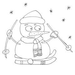Vector outline of a snowman. Christmas prints. Christmas mood. Winter. Isolated. Coloring pages for children and adults. Cartoon. Freehand drawing.