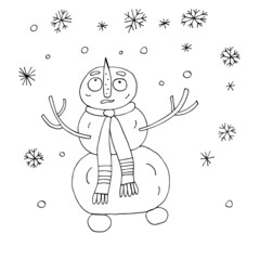 Vector outline of a snowman. Christmas prints. Christmas mood. Winter. Isolated. Coloring pages for children and adults. Cartoon. Freehand drawing.
