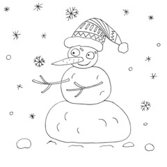 Vector outline of a snowman. Christmas prints. Christmas mood. Winter. Isolated. Coloring pages for children and adults. Cartoon. Freehand drawing.