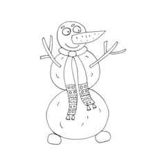 Vector outline of a snowman. Christmas prints. Christmas mood. Winter. Isolated. Coloring pages for children and adults. Cartoon. Freehand drawing.