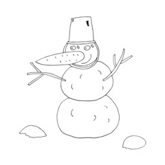 Vector outline of a snowman. Christmas prints. Christmas mood. Winter. Isolated. Coloring pages for children and adults. Cartoon. Freehand drawing.