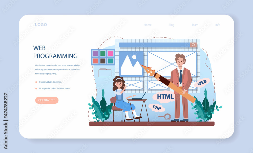 Poster it education web banner or landing page. students learn programming