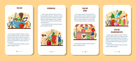 Fototapeta premium Fresh salad in a bowl mobile application banner set. Peopple cooking