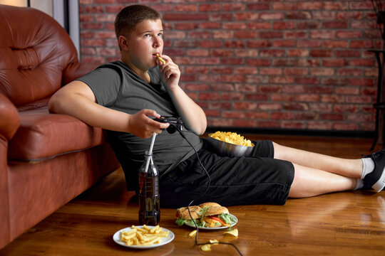 Fat Teenager Boy Sitting On Floor In Living Room, Side View. Overweight Obese Caucasian Child In Casual Clothes Enjoy Leading Unhealthy Lifestyle, Eat Junk Food And Play Video Games.