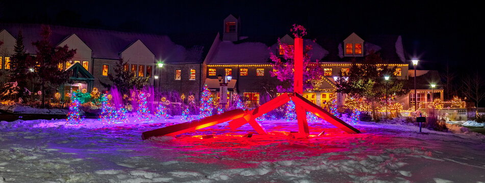 Sculpture and buildings in Christmas winter night scene