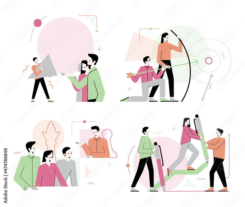 Poster business synergy concept set. collaboration and teamwork. office characters