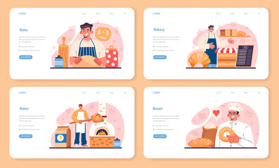 Baker web banner or landing page set. Chef in the uniform baking bread