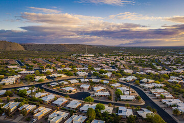 Green Valley Arizona, row homes with road and cut-de-sac at sunrise