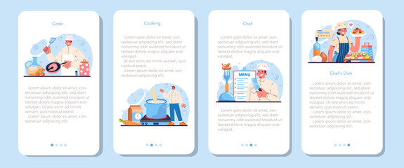 Chef mobile application banner set. Culinary specialist making