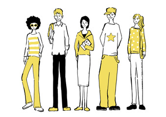 様々な国の若い外国人の手描きイラスト　黄色