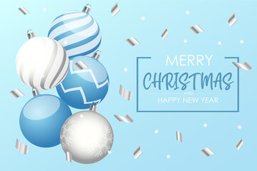 Fototapeta na wymiar Christmas background with blue ans white balls. Vector Illustration. Vector New year banner in soft blue colors