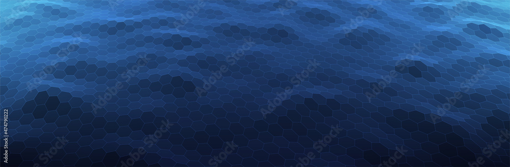 Poster abstract blue background. dark hexagon pattern. virtual computer landscape. technology style. sci-fi