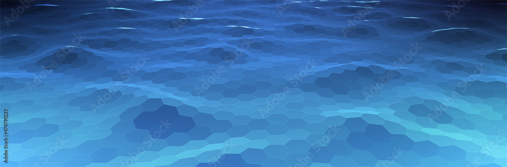 Poster abstract blue background. dark hexagon pattern. virtual computer landscape. technology style. sci-fi