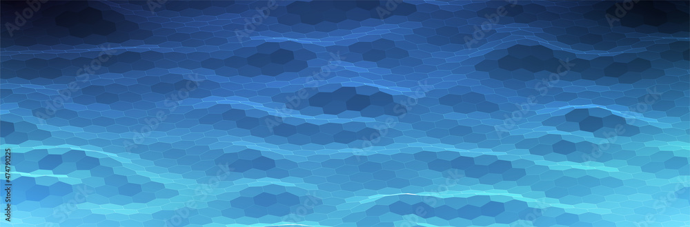 Poster abstract blue background. dark hexagon pattern. virtual computer landscape. technology style. sci-fi