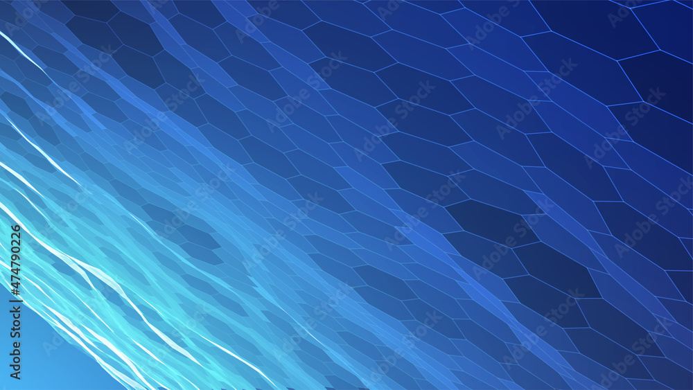 Poster abstract blue background. dark hexagon pattern. virtual computer landscape. technology style. sci-fi