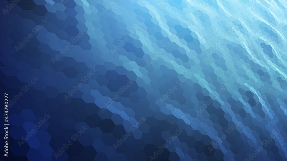 Poster abstract blue background. dark hexagon pattern. virtual computer landscape. technology style. sci-fi