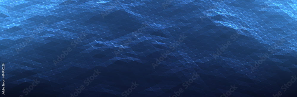 Poster abstract blue background. dark low poly triangle pattern. virtual computer landscape. technology sty