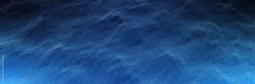 Poster abstract blue background. dark low poly triangle pattern. virtual computer landscape. technology sty