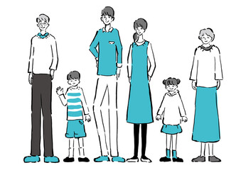 三世代家族の全身の手描きイラスト素材　2色　水色　青